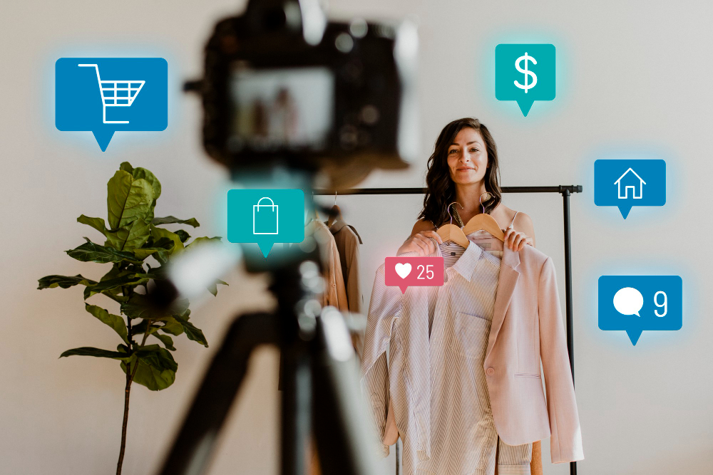 Mulher fazendo ecommerce marketing gravando videos para os marketplaces.
