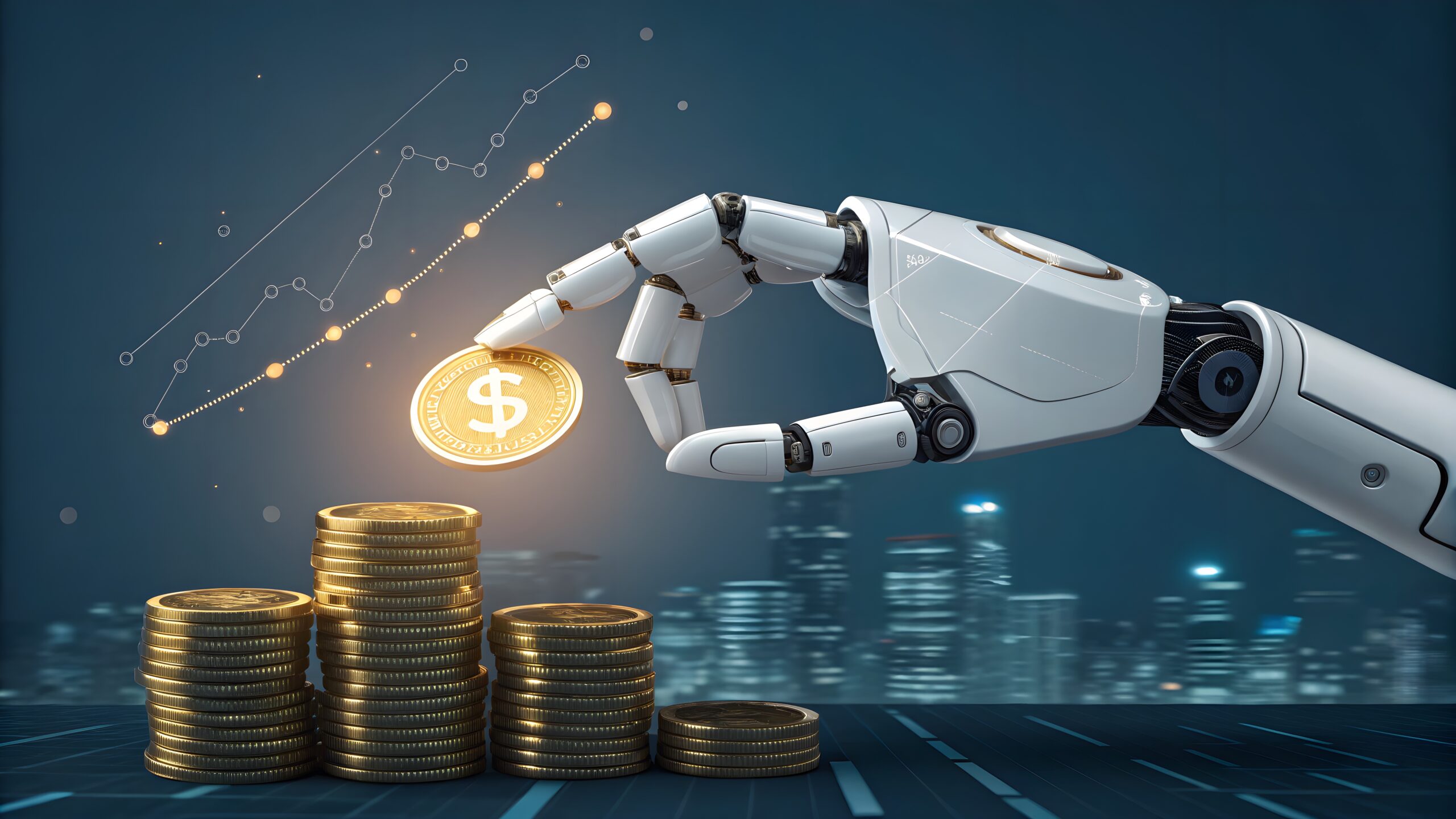 Mão robótica com IA segurando moedas e dinheiro de marketplaces.
