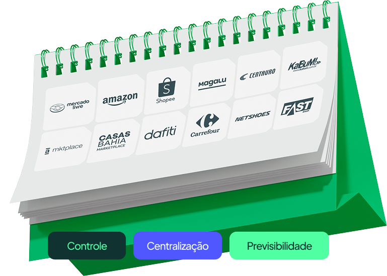 Ilustração de calendário com diferentes logos de marketplaces